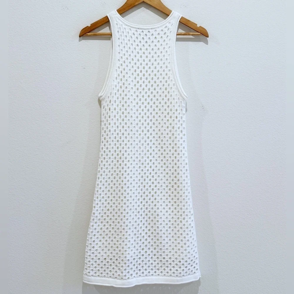 AQUA Crochet Tank Dress White Sleeveless Pullover Crewneck Size Small
